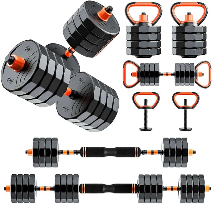 RUNWE Adjustable Dumbbell Barbell Set - 33/44/66/88lb Dumbbell Set, 4 in1 Dumbbell, Adjustable Kettlebell Pair, Barbell and Push up Bar, All-in-one Free Weight [Upgraded Double-lock Nuts]