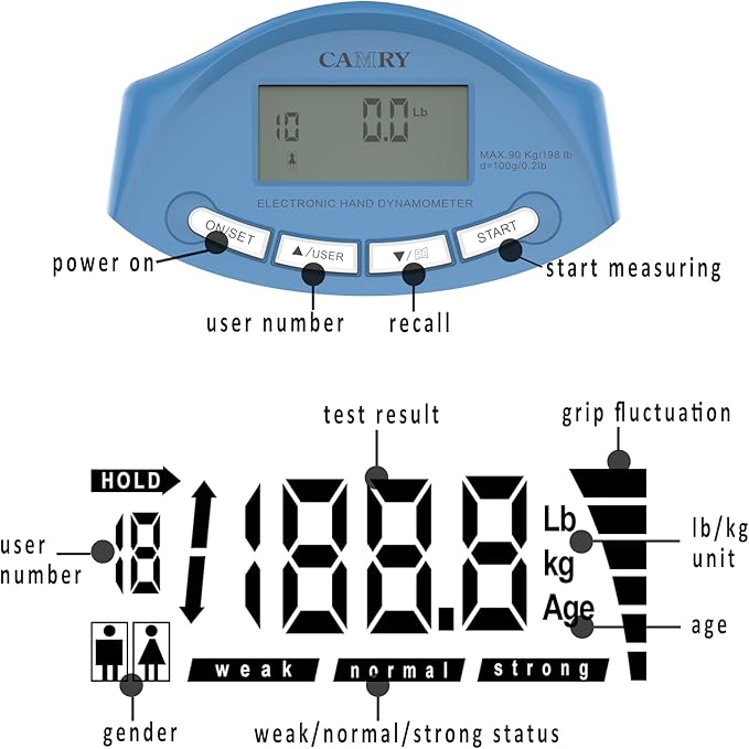 CAMRY Digital Hand Dynamometer Grip Strength Measurement Meter 198Lbs / 90Kgs Auto Capturing Electronic Hand Grip Power