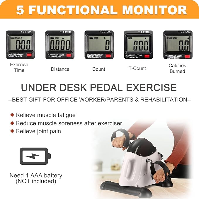 Under Desk Bike Pedal Exerciser - Portable Mini Exercise Bike Desk Cycle for Legs/Arms Exercise, Foot Pedal Exerciser for Seniors with LCD Screen Display