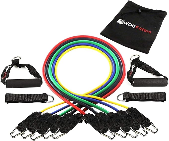 WODFitters Resistance Bands Set with Handles and Carrying Bag - 5 Exercise Bands for Portable Home Gym - for Yoga, Pilates, Cross Training, Gym Workouts, Physical Therapy & More