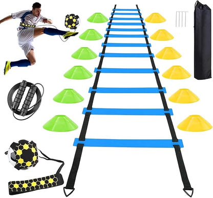 Agility Ladder Soccer Training Accessories Equipment, 6m Speed Ladder 12 Cones Football Trainer and Skipping Rope Football Training Set Football Gifts for Men