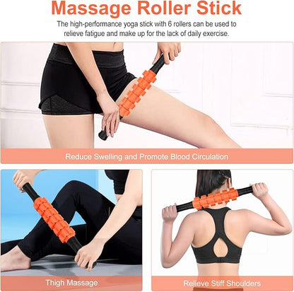 5 in1 Foam Roller Set, Trigger Point Foam Roller, Yoga Stick, Massage Ball, Fitness Stretching Strap, Carrying Bag, Towel, Massage Roller for Deep Muscle Massage Pilates Yoga, Orange