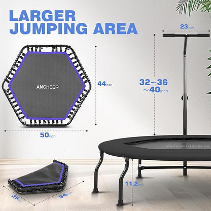 ANCHEER 50" Rebounder Trampoline for Adults- 2025 Foldable Mini Trampoline with Bar- Exercise Trampoline for Adults, Max Load 450lbs/550lbs, for Indoor/Garden Workout