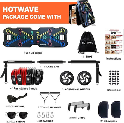 HOTWAVE Portable Workout Equipment with 20 Gym Accessories.Push Up Board &Plank,Resistance Band with Ab Roller Wheel,Exercise at Home For Men and Women