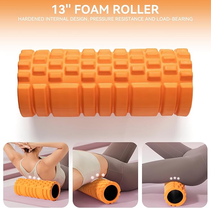 5 in 1 Foam Roller Set for Deep Tissue Muscle Massage, Trigger Point Fitness Exercise Foam Roller, Massage Roller, Massage Ball, Stretching Strap, for Whole Body (Orange Black)