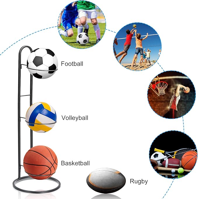 Basketball Ball Storage Rack, 3 Tier Sports Equipment Storage Organizer Removable Vertical Display Stand for Volleyball Football Basketball Badminton