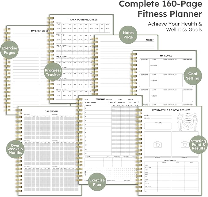 Fitness Workout Journal for Women & Men, A5(5.5" x 8.2") Workout Log Book Planner for Tracking, Progress, and Achieving Your Wellness Goals - Green