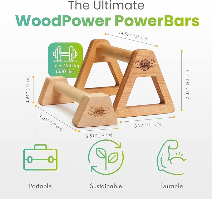 WOODPOWER® - PowerBars, Wooden Parallettes Push Up Bars, Joint-Friendly Beech Wood Calisthenics Equipment for Home, Durable Handstand Trainer Push Up Handles for Floors, XL