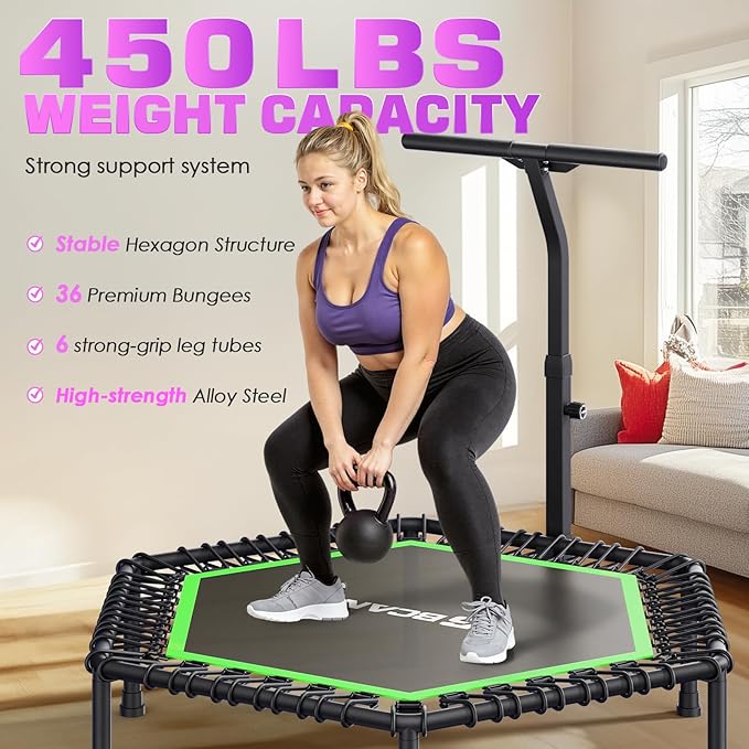 BCAN 48"/51" Mini Trampoline, 450/550 LBS Fitness Trampoline with T-Adjustable Handle Bar, Bungees, Stable & Quiet Exercise Rebounder for Adults Indoor/Garden Workout-Green