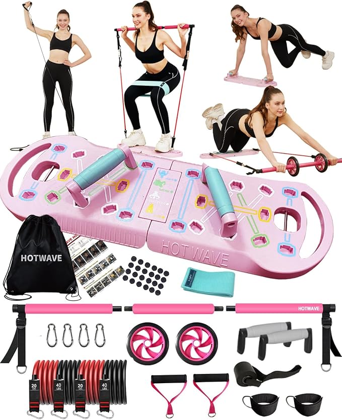 HOTWAVE Portable Exercise Equipment with 16 Gym Accessories.20 in 1 Push Up Board Fitness,Resistance Bands with Ab Roller Wheel,Full Body Workout at Home