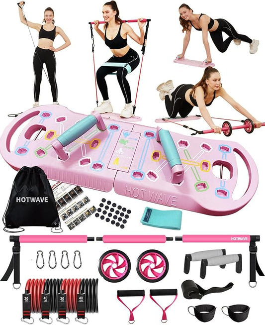 HOTWAVE Portable Exercise Equipment with 16 Gym Accessories.20 in 1 Push Up Board Fitness,Resistance Bands with Ab Roller Wheel,Full Body Workout at Home