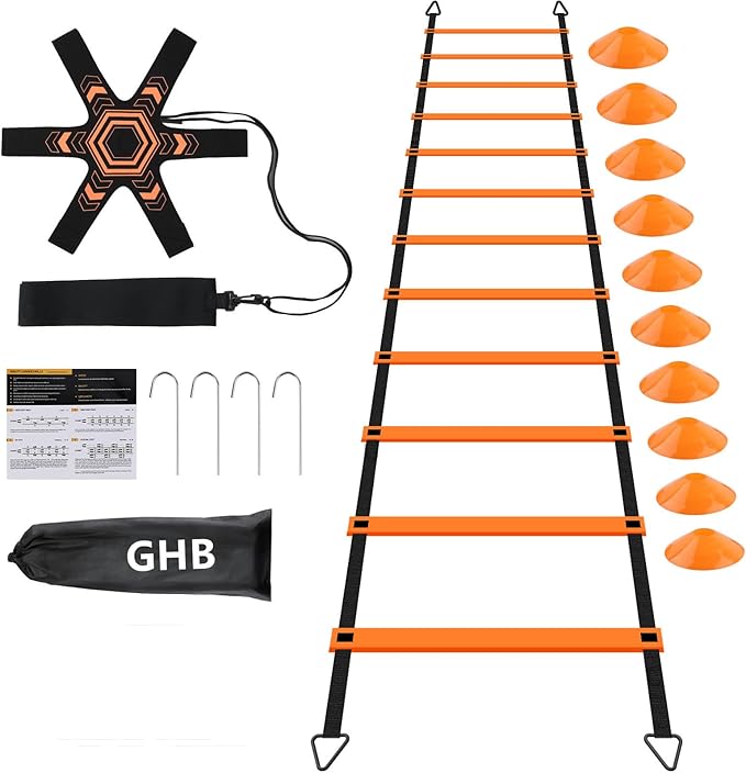 GHB Pro Agility Ladder Soccer Kick Trainer Set 20ft 12 Rung10 Cones and 4 Stakes Speed Agility Football Training Equipment with Carrying Bag