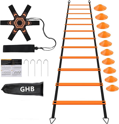 GHB Pro Agility Ladder Soccer Kick Trainer Set 20ft 12 Rung10 Cones and 4 Stakes Speed Agility Football Training Equipment with Carrying Bag