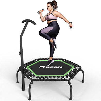 BCAN 48"/51" Mini Trampoline, 450/550 LBS Fitness Trampoline with T-Adjustable Handle Bar, Bungees, Stable & Quiet Exercise Rebounder for Adults Indoor/Garden Workout-Green