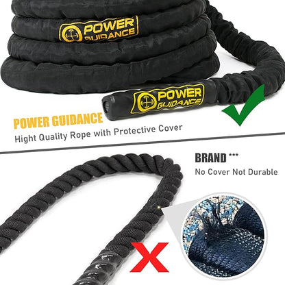 POWER GUIDANCE Battle Rope, 1.5/2 Inch Diameter Poly Dacron 30, 40, 50Ft Length Exercise Equipment for Home Gym & Outdoor Workout, Battle Rope Anchor Included…