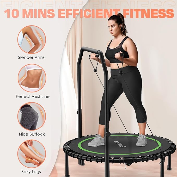 BCAN 40"/48" Foldable Mini Trampoline with Resistance Band, 450 LBS Fitness Trampoline with Bungees, U Shape Adjustable Foam Handle, Stable & Quiet Exercise Rebounder for Adults Indoor/Garden