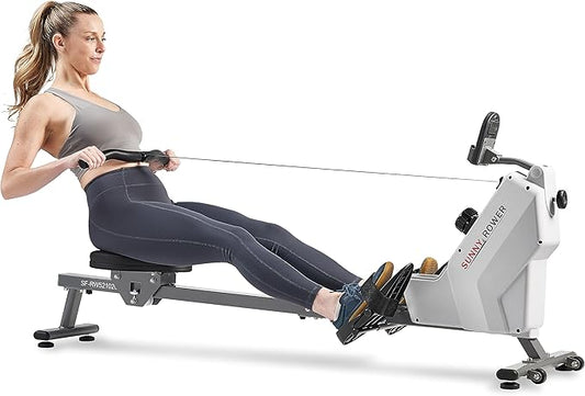 Sunny Health & Fitness Compact Folding Magnetic Rowing Machine with 43 Inch Slide Rail, 285 LB Max Weight, Synergy Power Motion, LCD Digital Monitor, Super Quiet & Smooth, and Ergonomic Foot Pedals