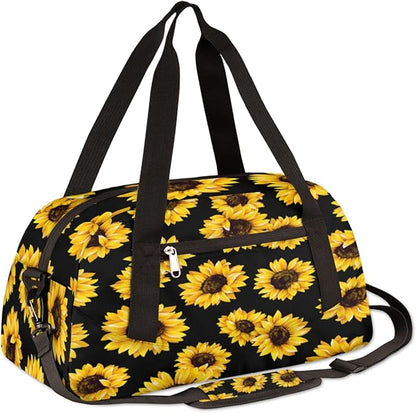 Summer Floral Sunflower Black Gym Bag for Women Men, Small Travel Duffel Bag for Sports Getaway Overnight Bag Lightweight Weekender Bags Workout Bag Dance Bag for Boys Girls Kids Teens