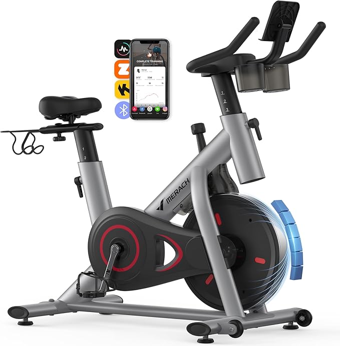 MERACH Exercise Bike, Brake Pad/Magnetic Stationary Bike with Exclusive App, Low Noise Indoor Cycling Bike with 270lbs Weight Capacity, Dumbbell Rack and Free Fitness Courses