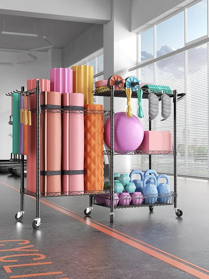 SINGAYE Dumbbell Rack, Balls Workout Equipment Storage Organizer Yoga Mat with Hooks basketball holder weight and Wheels for Organizing Workout Room, Home Gym Storage Black