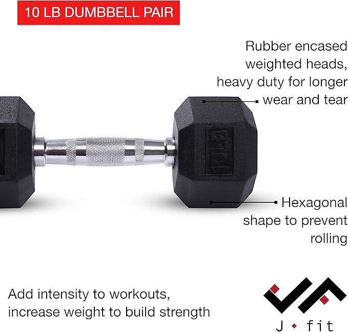 JFIT Rubber Hex Dumbbell - 15 Size, Single and Pair Options, 4-50lbs - Shaped Heads Prevent Rolling and Injury - Ergonomic Hand Weights for Exercise, Therapy, Muscle, Strength and Weight Training