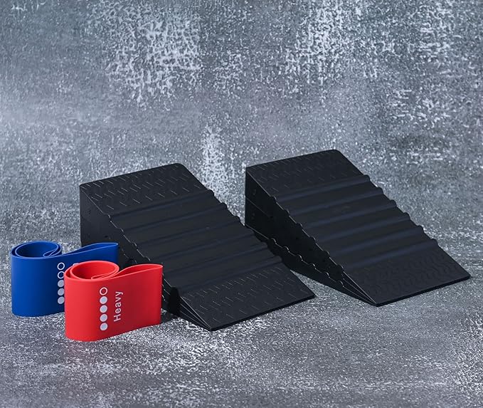 Slant Board for Squats - 6-Piece Adjustable Stackable Rubber Wedge Blocks for Squats & Balance Training, Non-Slip, Durable, 1200 lbs Capacity - Includes 2 Resistance Bands & Storage Bag