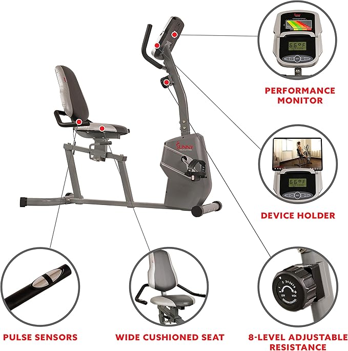 Sunny Health & Fitness Magnetic Recumbent Bike Exercise Bike with Easy Adjustable Seat, Device Holder, RPM and Pulse Rate Monitoring - SF-RB4806, Grey