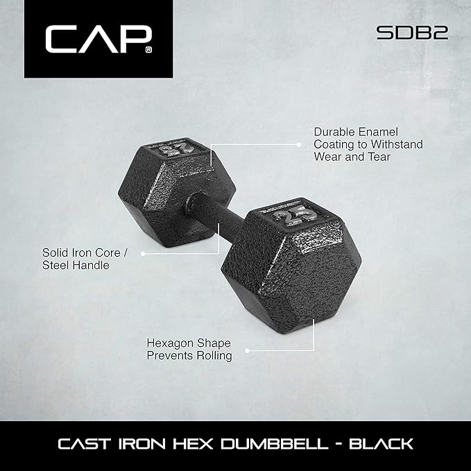 CAP Barbell Black Cast Iron Hex Dumbbell | 5-120 LBs | Single or Pair