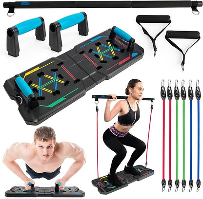 BlueClouds Push Up Board and Pilates Bar Kit - Color Coded Foldable Pushup Board Fitness Tool - Reinforced Aluminum Resistance Band Bar - At Home Gym Accessories for Men and Women - Portable Gym