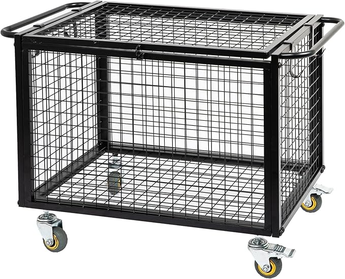 Metal Basketball Rolling Cart Sports Equipment Storage Wheel Basket Matte Black Athletic Lockable Cage with Raised Handle Gym Home Garage School Court Field Football Soccer Ball Volleyball Bat