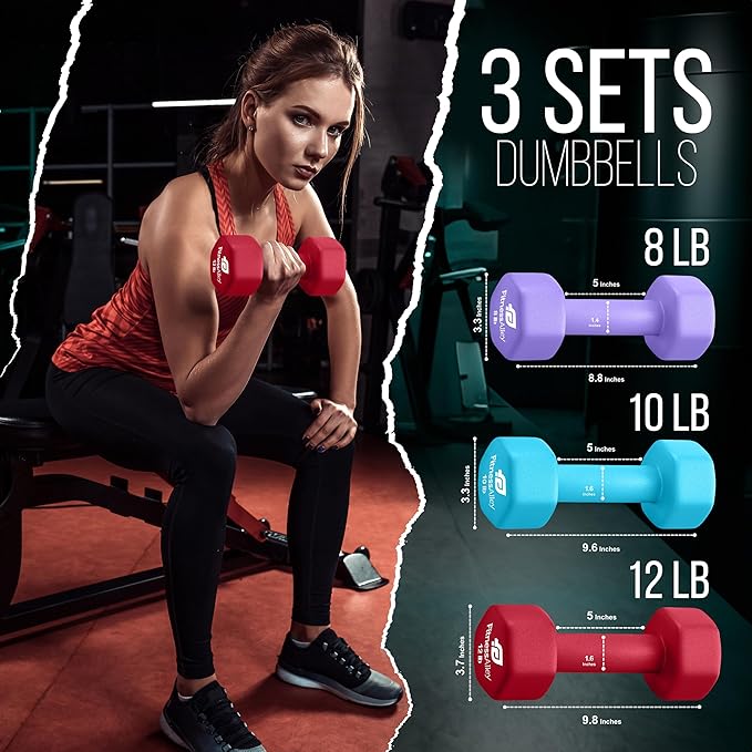 Neoprene Workout Dumbbells - Non Slip, Anti Roll Exercise & Fitness Dumbbells Combo - Hex Shaped Hand weights for Men & Women - Ideal for Home and Gyms training