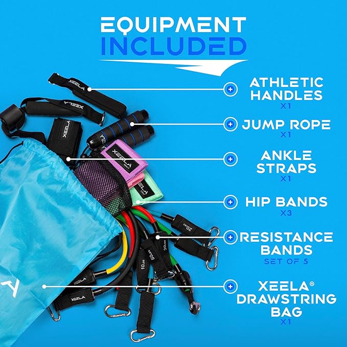 Xeela Full Body At Home Workout Equipment with 3-Month Digital Guide Included, Quality Portable Fitness Equipment with Jump Rope, Resistance Bands with Handles, Ankle Straps for All Fitness Levels