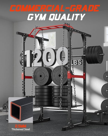 Power Cage, 1200lbs Capacity Power Rack with Adjustable Cable Crossover System, Multi-Function Squat Rack with Pulley System, Weight Cage for Home Gym with Training Attachments