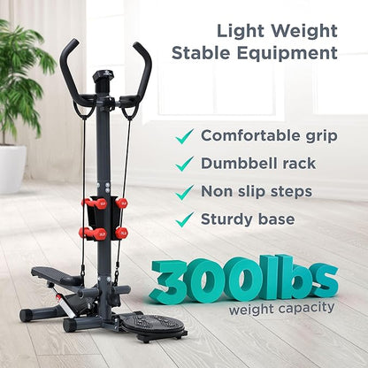 Multi-Function Mini Stepper 300+ lb capacity - Exercise Stepper Machine with Adjustable Twist Table, Dumbbells, and LCD Monitor - Mini Stair Steppers for Exercise at Home with Handle Bar