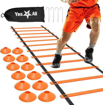 Yes4All Speed Training Equipment Set: 15ft Agility Ladder 5 Agility 12 Disc