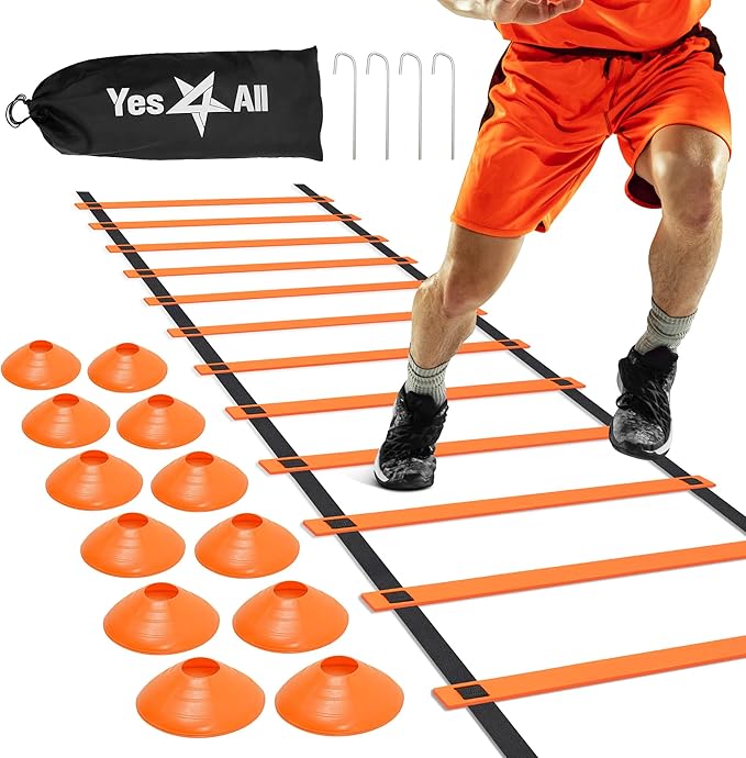 Yes4All Speed Training Equipment Set: 15ft Agility Ladder, Resistance Parachute, 5 Agility Hurdles, 12 Disc Cones with Carry Bag/Strap