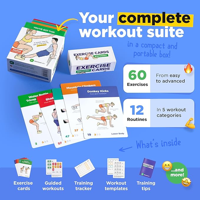 Exercise Cards: Bodyweight – Premium Home & Gym Workout Flash Cards Deck for Women and Men with 60 Exercises and 12 No Equipment Routines · Waterproof Plastic Fitness Flashcards