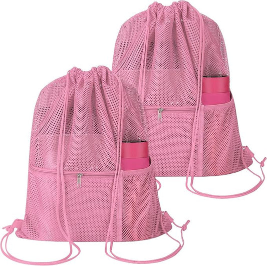 NATURAL STYLE 2 PACK Mesh Drawstring Backpack Bag, Multifunction Mesh Bag for Swimming, Athletic Gym, Clothes, Beach, Swim (Pink)