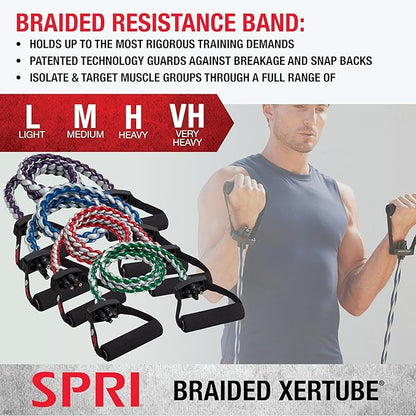 SPRI Braided Xertube Resistance Bands – Premium Exercise Band for Men & Women – Workout Equipment for Home Gym Fitness Training – Comfort Grip for Strength, Weights, and Resistance