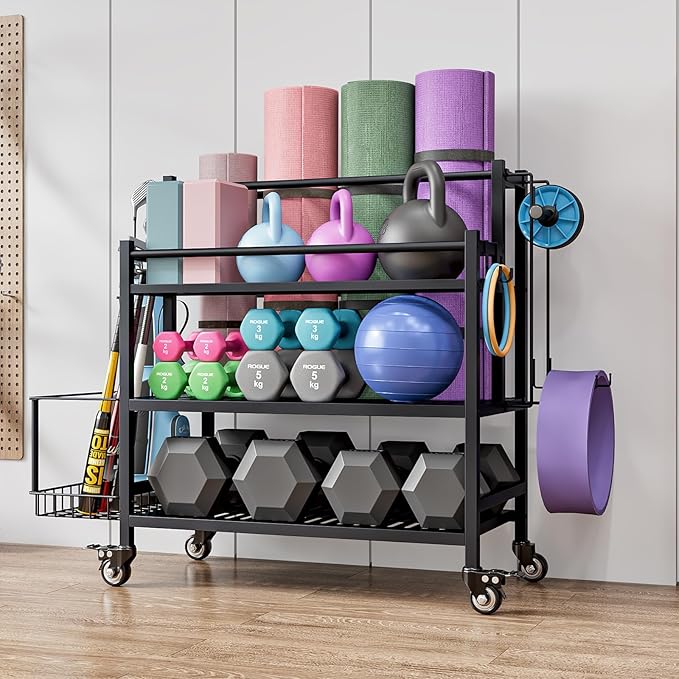 Dumbbell Rack,Weight Racks for Dumbbells,Yoga Mat Storage Rack,Home Gym Storage Racks for Foam Roller Kettlebells ball,Workout Equipment Storage Organizer With Hooks and Wheels