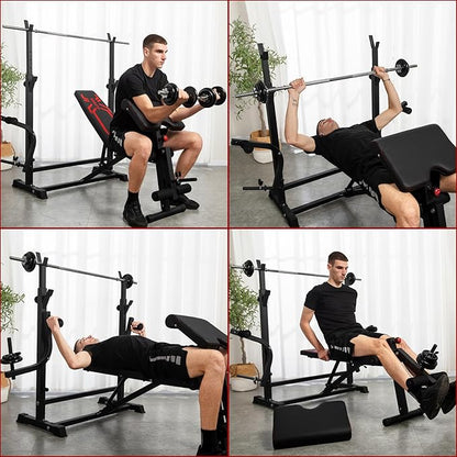 6-in-1 880lbs Weight Bench Set with Squat Rack, Adjustable Workout Bench for Full Body Strength Training, Bench Press with Barbell Rack Leg Developer Preacher Curl, Incline Decline Bench for