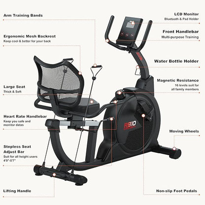 SNODE Magnetic Recumbent Exercise Bike for Home, Recumbent Bike for Seniors, Recumbent Stationary Bike with LCD Monitor and Large Seat Cushion & Mesh Backrest, 330LB Weight Capacity