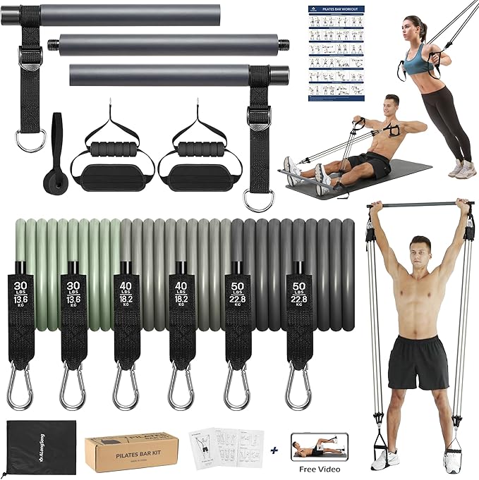 Portable Pilates Bar Kit with Resistance Bands for Women & Men, Upgraded 3 Section Multifunctional Yoga Pilates Stick for Home Gym Exercise Fitness Equipment Supports Full-Body Workouts