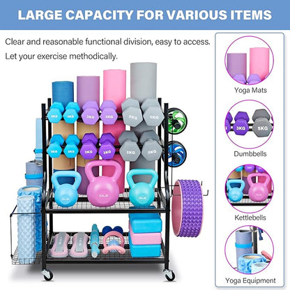 Dumbbell Rack, Yoga Mat Storage Rack - Weight Rack for Dumbbells, Home Gym Storage Rack for Yoga Mat, Dumbbells and Kettlebells, All in One Workout Equipment Storage with Caster Wheels