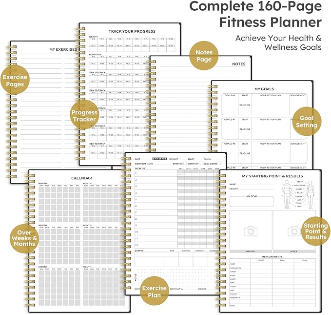 Fitness Workout Journal for Women & Men, A5(5.5" x 8.2") Workout Log Book Planner for Tracking, Progress, and Achieving Your Wellness Goals - Black(New)