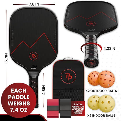 Premium Carbon Fiber Pickleball Paddle- 14mm Pickleball Paddles Set of 2 w/Unique Design Handles & Indoor Outdoor Pickleball Balls - Comfortable Pickleball Paddle Grip, USA Approved