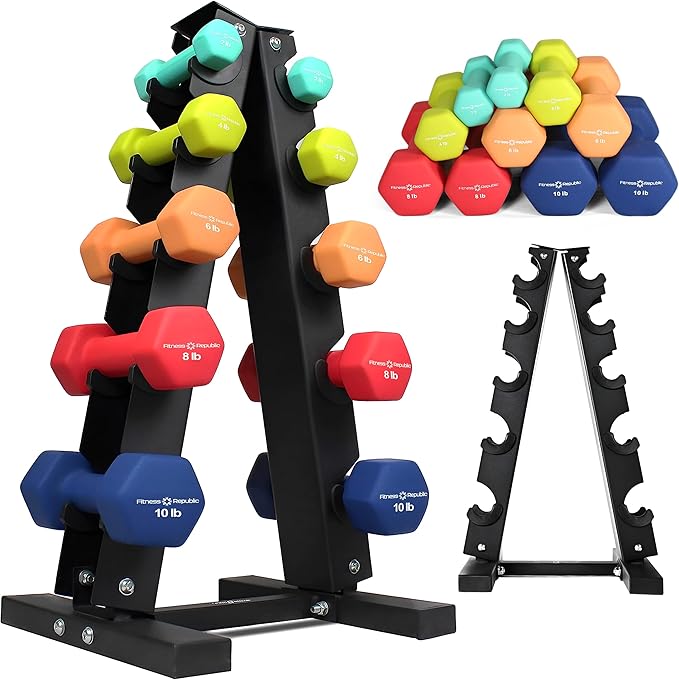 Neoprene Workout Dumbbell set with Rack 2.00MM - Non Slip, Anti Roll & Hex Shape - Fitness Dumbbells Combo, Space Saving Ideal for Home and Gym training