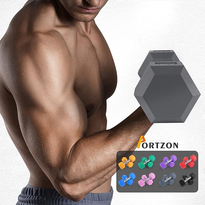 Portzon 8 Colors Options Compatible with Set of 2 Rubber Dumbbell Weight, 5-50 LB, Anti-Slip, Anti-roll, Hex Shape