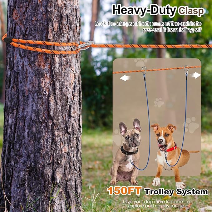 Snagle Paw Dog Runner for Yard 3 in 1, 150FT Dog Training Leash with Handle for Small Medium Large Dogs, Reflective Rope Dog Tie Out Cable with Carabiner for Yard,Park,Camping (Orange for 2 Dog)