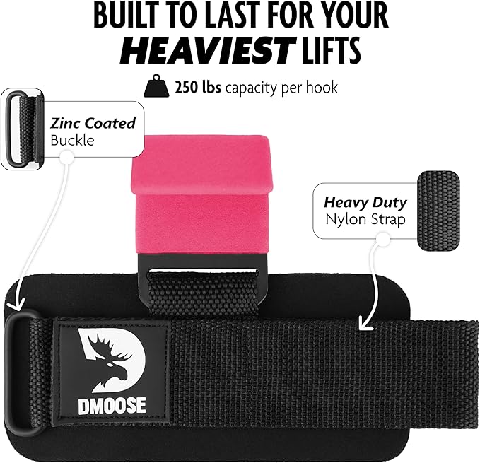 DMoose Fitness Weight Lifting Hooks for Men & Women (Pair) - 8 mm Thick Wrist Padding - Weight Lifting Grips for Powerlifting, Shrugs, Rows & Deadlift Support - Gym Lifting Straps with Pull Up Hooks